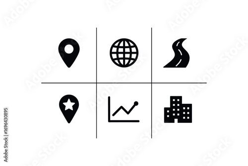 flat black solid icon items isolated on white background: place location globe map road path pin chart line city dot