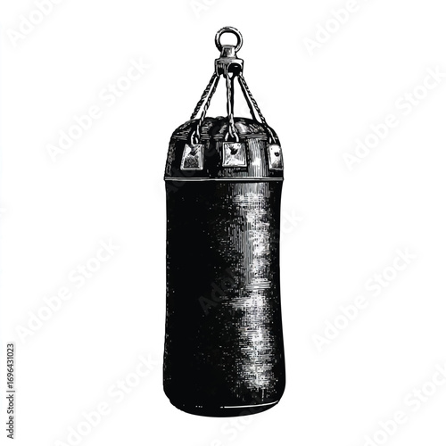 Vintage black and white punching bag illustration for fitness and martial arts training concept