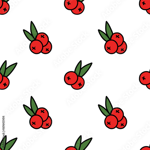 Seamless pattern with autumn cranberry berries and green twigs. November red print. Happy thanksgiving day