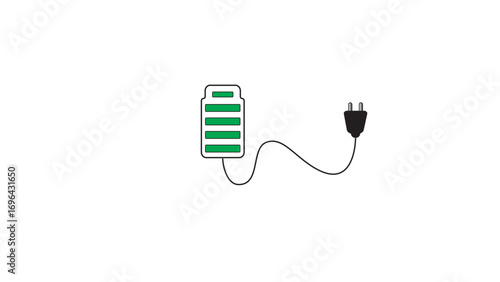 Fully Charged Battery Symbol with Electrical Plug Connected by a Black Cord, Powering Up and Ready to Go