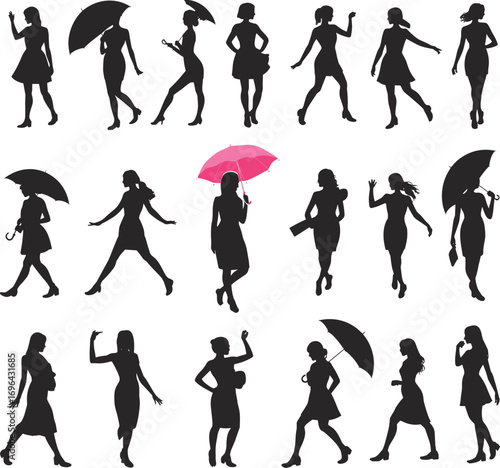 Silhouette women walking, black female figures, pink umbrella standout, fashion pose icons, stylish ladies vector, minimal design illustration set