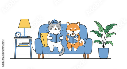 Cute cat and dog reading books together on a sofa enjoying their time indoors