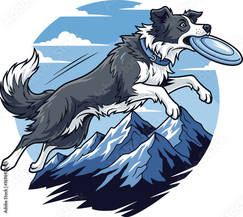 Border Collie dog jumping to catch frisbee with mountains in background