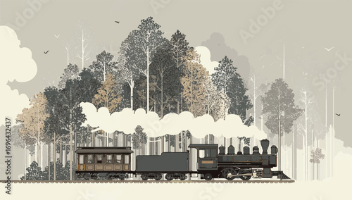 Vintage steam train traveling through a tranquil forest with tall trees and a cloudy sky graphic illustration
