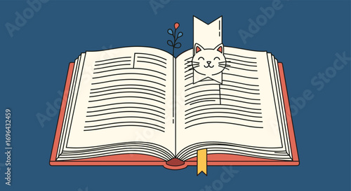 Whimsical feline character peeking from an open storytelling book offering a delightful reading experience