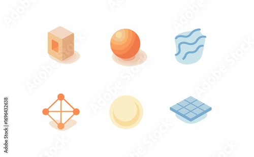 isometric icon items isolated on white background abstract entity sphere shape flow lines aura glow unknown grid field