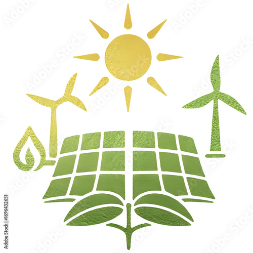 Green energy concept icon with sun, solar panel, and wind turbines representing sustainable alternative power sources