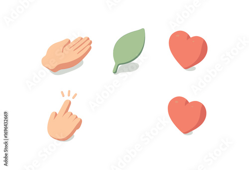 isometric icon items isolated on white background soft touch palm hand leaf icon heart finger lines gentle glow