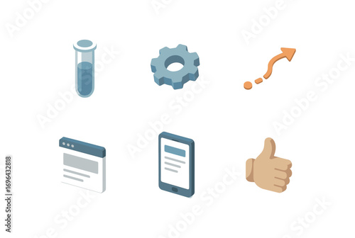 isometric icon items isolated on white background demonstration test tube gear icon arrow path screen page hand sign