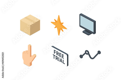 isometric icon items isolated on white background product demonstration box icon spark glow screen display finger point trial line