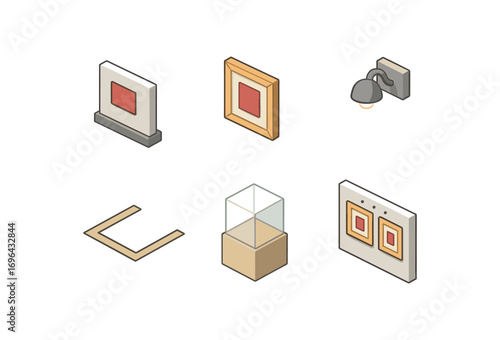 isometric icon items isolated on white background exhibition art frame gallery lamp glow floor path display case