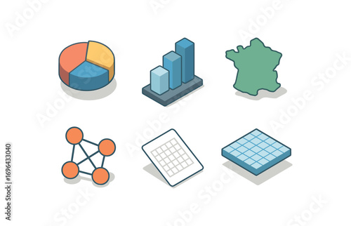 isometric icon items isolated on white background graphic representation pie chart bar lines map outline node links draft grid