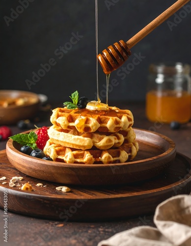 Stacked waffles drizzled with honey, fresh berries and mint