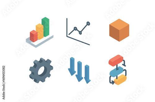 isometric icon items isolated on white background representation chart box diagram lines cube model gear cog flow arrows