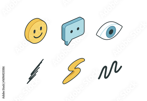 isometric icon items isolated on white background expression smile face speech bubble eye sketch line art stroke