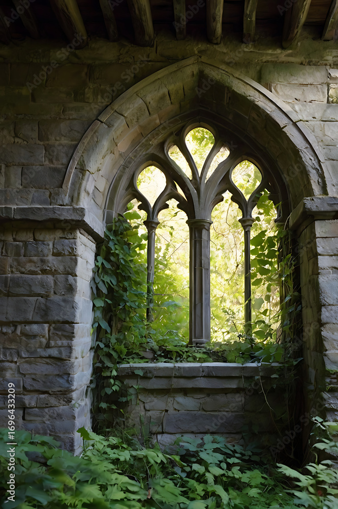 Fototapeta premium Ruins of a gothic cathedral with arches filled with sunlight. Historical background. Medieval atmosphere. Mysticism.