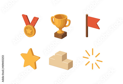 isometric icon items isolated on white background award golden cup ribbon flag podium step glow rays