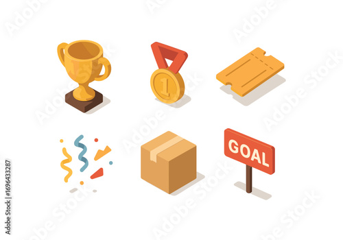 isometric icon items isolated on white background contest prize medal icon ticket sheet package box confettis goal sign