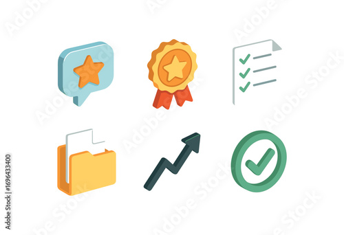 isometric icon items isolated on white background recommendation badge check list folder sheet arrow line approval