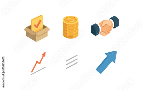 isometric icon items isolated on white background business offer coin stack handshake sign chart line paper sheet arrow