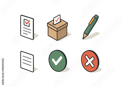 isometric icon items isolated on white background clear choice ballot box pen option lines yes sign cross