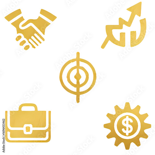 Financial Business Icons Golden Illustrations Representing Growth, Partnership, and Success