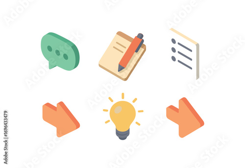 isometric icon items isolated on white background suggestion chat bubble pen note list lines arrow idea spark