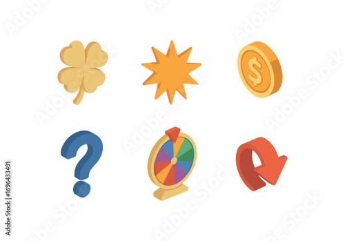 isometric icon items isolated on white background lucky chance burst coin flip question game wheel arrow roll