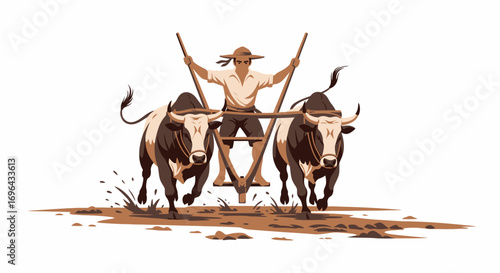 Farmer Guiding Oxen Plow Through Field in Vintage Style