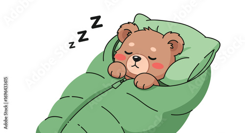 Adorable sleeping bear cub cozy in a green sleeping bag resting peacefully during a nap