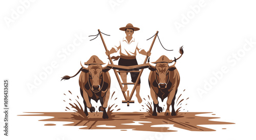 Farmer Plowing Field with Two Powerful Oxen and Traditional Wooden Plow