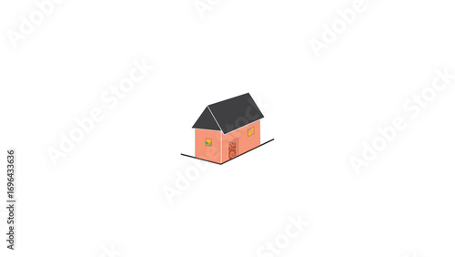 White background featuring a small residential house with a red roof, a window, and a door, representing a building or property for real estate sale