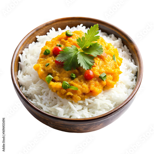 Delicious Dal Makhani with Rice in Wooden Bowl isolated on transparent background