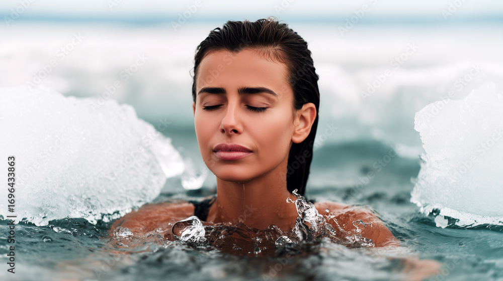 Obraz premium Woman practices cold water immersion therapy in icy ocean. Natural cryotherapy treatment for health benefits, immune system boost and mental resilience. Winter wellness ritual promotes vitality.