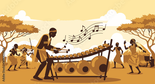 Flat vector illustration of African tribal people playing a marimba and dancing joyfully in a traditional village celebration.