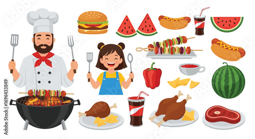 Happy family gathering enjoying a delicious outdoor barbecue feast together with lots of food options
