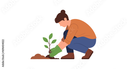 Gardener planting a green seedling into brown soil, wearing green gloves, flat minimalist illustration.