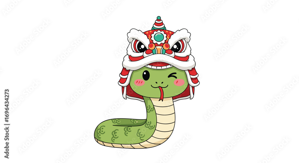 Fototapeta premium Adorable green snake wearing traditional chinese dragon dance costume winking happily during celebration