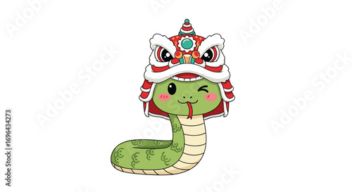 Adorable green snake wearing traditional chinese dragon dance costume winking happily during celebration