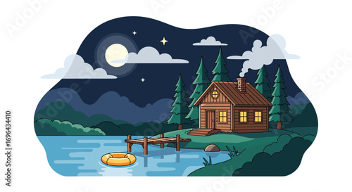 Peaceful lakeside cabin retreat under the starry night sky with a glowing moon