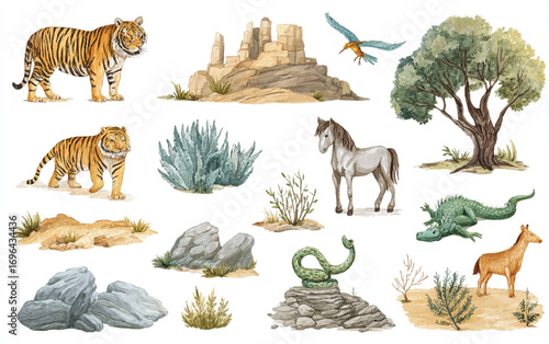 Watercolor Illustration of Wild Animals and Desert Landscape Elements for Creative Projects and Designs Art
