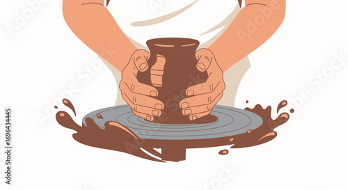 Hands shaping clay on a pottery wheel, creating a vessel