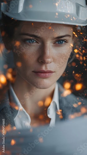 Risk Control Focused woman in a hard hat amidst sparks, exuding determination and strength.