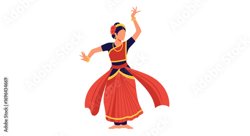 Indian Classical Dancer in Red and Gold Costume, Elegant Pose