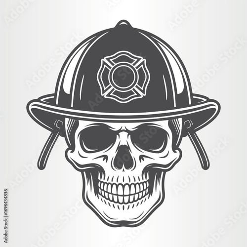 Skull wearing a firefighter helmet isolated on white background