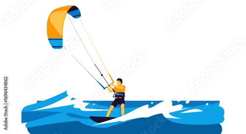 Kitesurfer Riding Ocean Wave, Dynamic Pose, Orange and Blue Kite