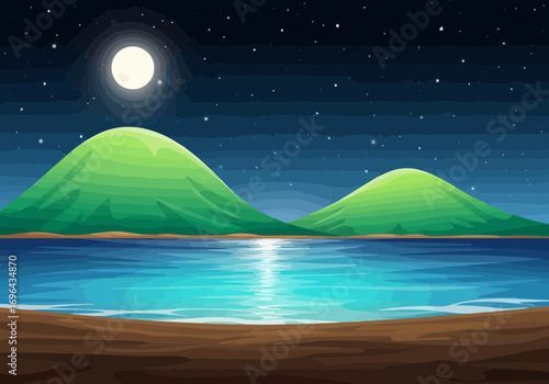 Vector art of pixel art landscape of two green hills by the ocean under a starry night sky with a full moon, reflecting on the water
