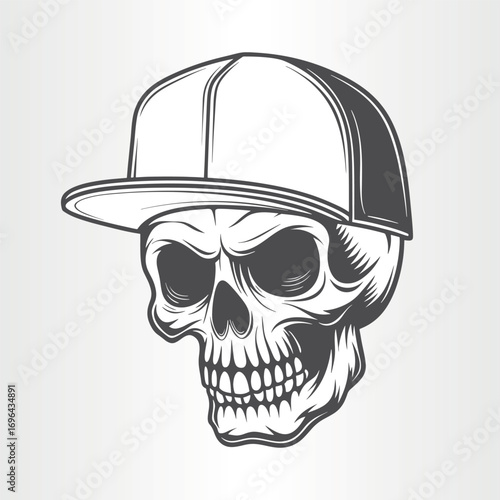 Skull with a baseball cap, front view, isolated on white background