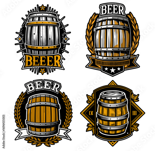 Beer logo collection with wooden barrel, wheat, ribbons, geometric elements for beer industry and brewery branding and handcrafted brews. Beer emblem for bar