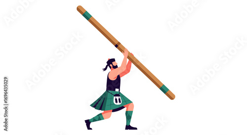Man in Kilt Lifting a Long Wooden Pole